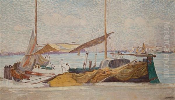 Venise, Bateau A Quai Sur Le Grand Canal Oil Painting by Leon Detroy