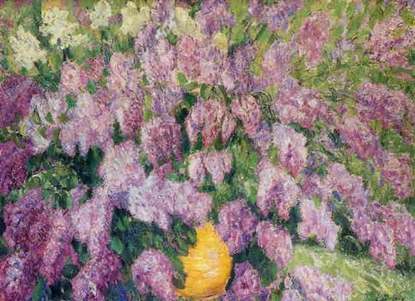 Bouquet De Lilas Au Vase Orange Oil Painting by Leon Detroy