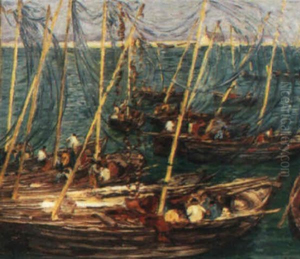 Bateaux De Peche Aux Filets Bleus Oil Painting by Leon Detroy