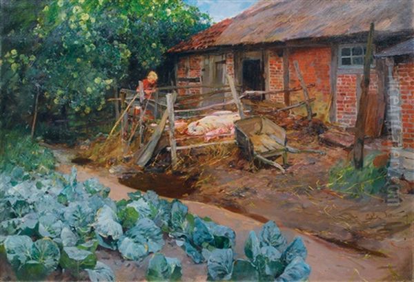 Piggery Oil Painting by Ludwig Julius Christian Dettmann