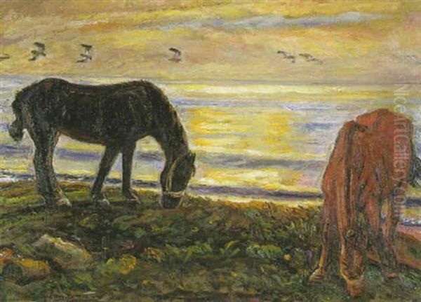 Pferde Am Wasser Oil Painting by Ludwig Julius Christian Dettmann