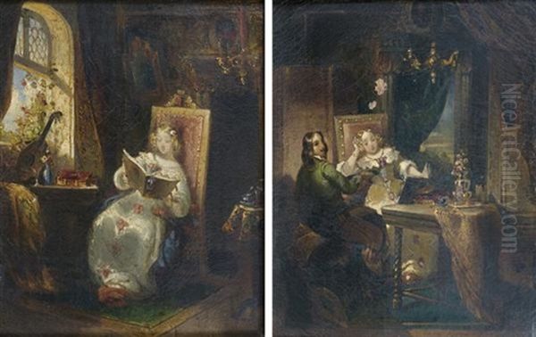 La Lecture Et La Conversation (pair) Oil Painting by Achille Jacques Jean Marie Deveria