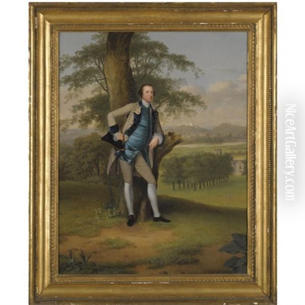 Portrait Of Lord Robert Manners-sutton With St. Peter's Church, Foston Beyond And Belvoir Castle In The Distance Oil Painting by Arthur Devis