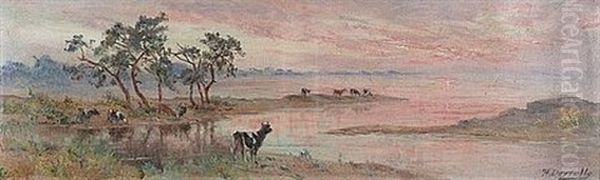 Troupeau Au Coucher De Soleil Oil Painting by Theophile-Louis Deyrolle