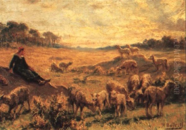 Bergere Et Ses Moutons Oil Painting by Theophile-Louis Deyrolle