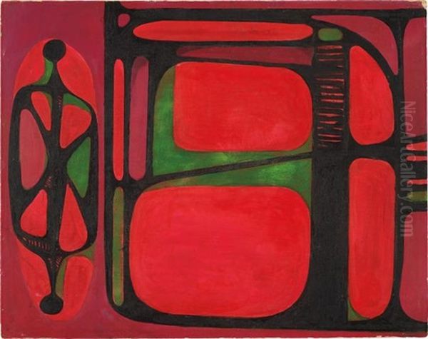 Red Geometric Oil Painting by Roberto Diago