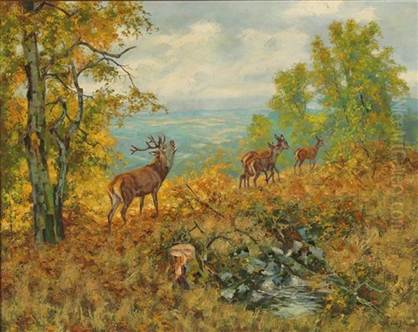 Herd Of Deer Oil Painting by Erich Dichtl