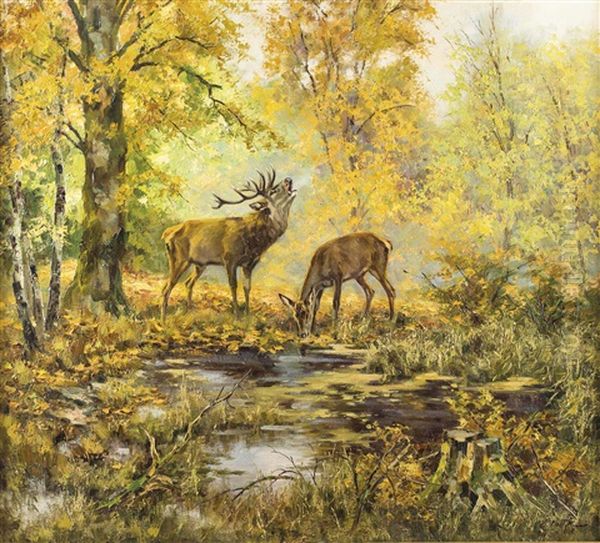 Hirsch Und Rehkuh Im Herbstwald Oil Painting by Erich Dichtl
