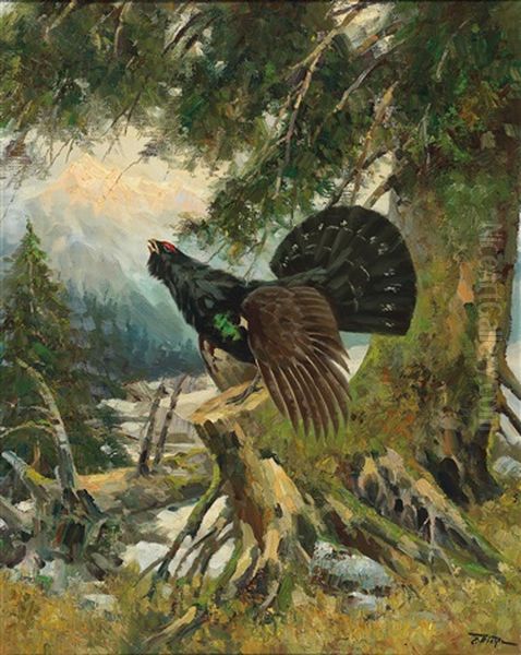 Capercaillie Displaying Oil Painting by Erich Dichtl