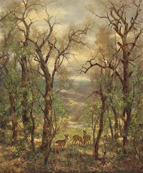 Rehe In Der Waldlichtung Oil Painting by Erich Dichtl