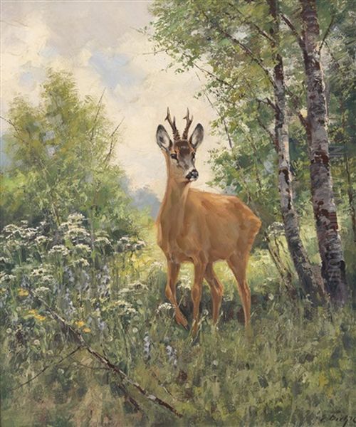 Lauschender Rehbock Oil Painting by Erich Dichtl