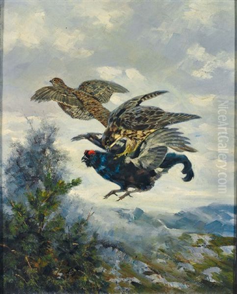 Habicht Schlagt Im Flug Einen Auerhahn Oil Painting by Erich Dichtl