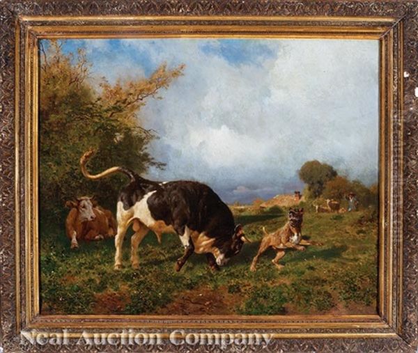 La Confrontation (between A Bull And Dog In The Pasture) Oil Painting by Jules Didier