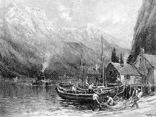 Fisherman In Fjord Oil Painting by Arthur Vidal Diehl