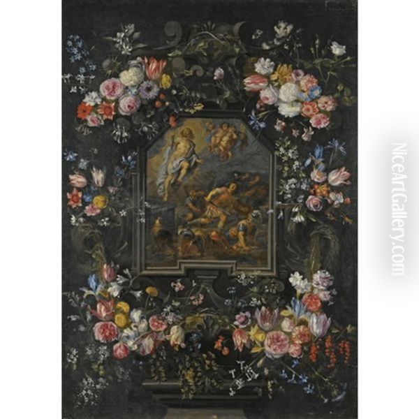 Garlands Of Flowers Surrounding A Stone Cartouche, Depicting The Resurrection Oil Painting by Abraham van Diepenbeeck