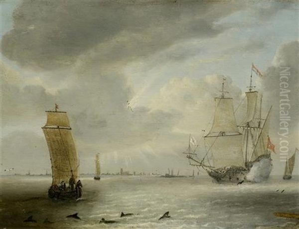 Marine In Leicht Bewegter See, Im Vordergrund Delphine Oil Painting by Willem van Diest