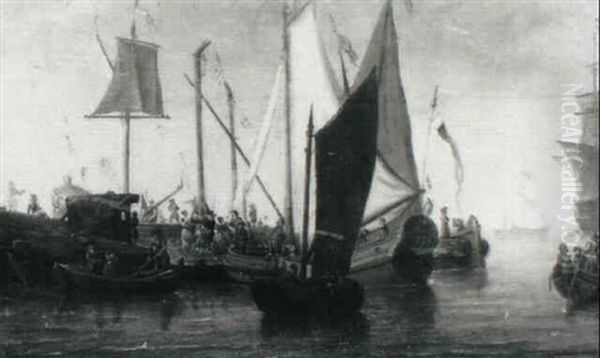 A Busy Harbour With Figures On A Quayside Oil Painting by Willem van Diest