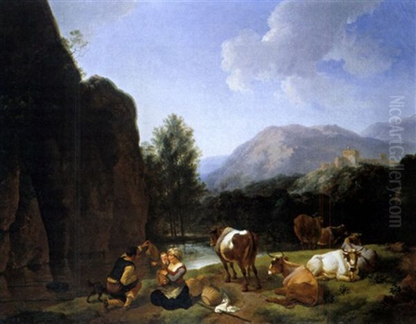 Bauernfamilie Mit Kuhen An Gewasser Oil Painting by Christian Wilhelm Ernst Dietrich