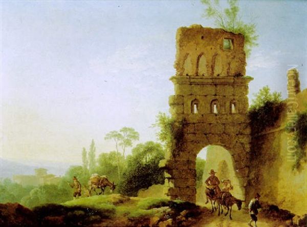 Reiter Auf Maultieren Bei Ruinen In Einer Italienischen Landschaft Oil Painting by Christian Wilhelm Ernst Dietrich