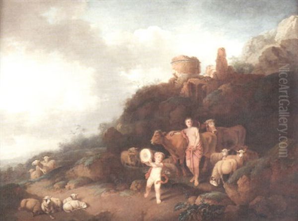 Arkadische Landschaft Mit Hirtin, Herde Und Tambourin Spielendem Putto Oil Painting by Christian Wilhelm Ernst Dietrich