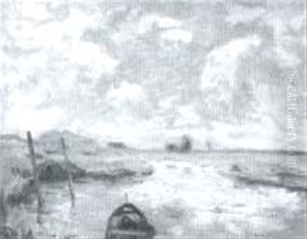River Landscape With Boat Oil Painting by Mary Ella Dignam