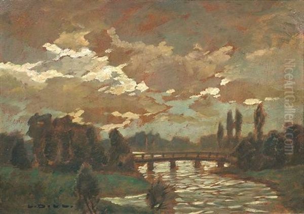 Wolkenverhangene Flusslandschaft Mit Einer Brucke Oil Painting by Ludwig Dill