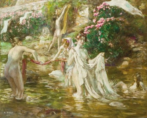 Baigneuses Dans L'oued De Bou Saada Oil Painting by Alphonse Etienne Dinet