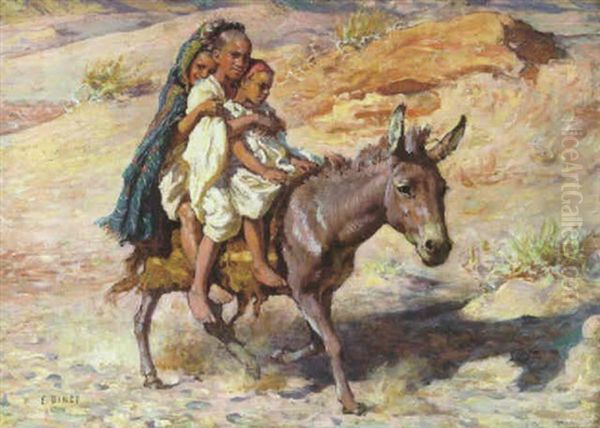 Arab Children On Horseback In A Desert Valley Oil Painting by Alphonse Etienne Dinet