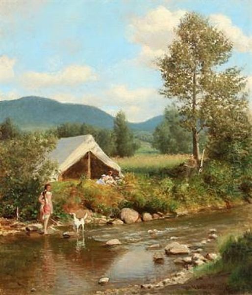 Scene With Family Camp By A Stream In The Wilderness Oil Painting by Helmuth Dirckinck-Holmfeld