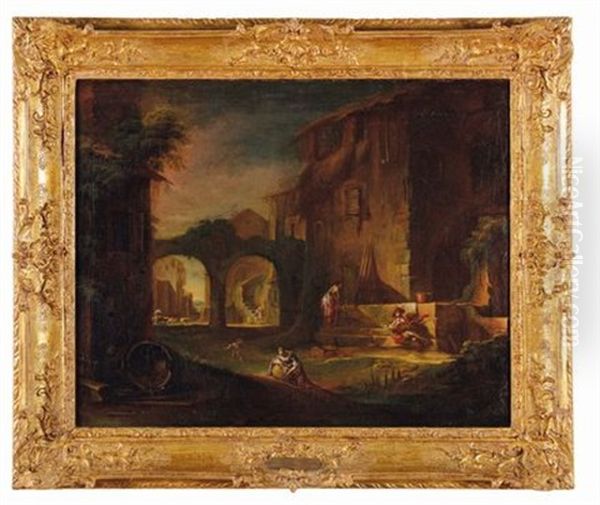 Figure Di Contadini Villani In Cortili Di Case Rustiche Oil Painting by Antonio Diziani