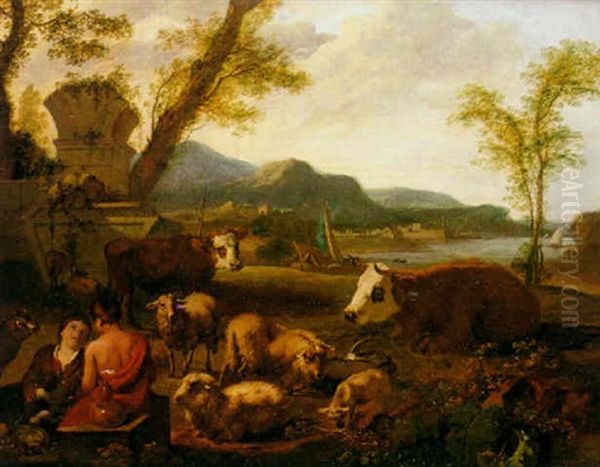Pasaje Con Pastorcitos Juntos A Un Puerto Oil Painting by Simon van der Does