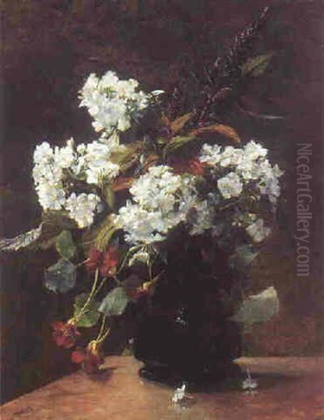 Opstilling Med Brogede Sommerblomster I En Krukke Pa Et Bord Oil Painting by Augusta Dohlmann