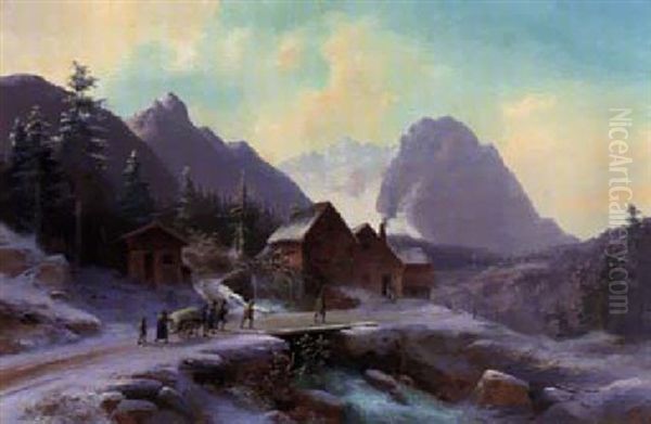 Gebirgsdorf Im Winter Oil Painting by Anton Doll