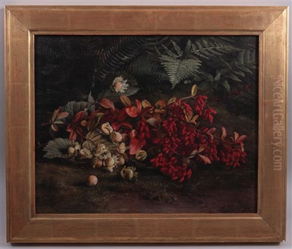 Hagebutten Und Haselnusse, Ol Auf Leinwand, Ca. 31 X 39 Cm, Signiert, Datiert 98, Gerahmt Oil Painting by Auguste Doll