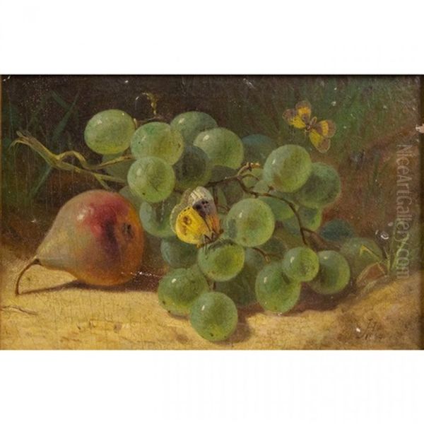 Still Life With Grapes And Pears, Butterflies Fluttering Oil Painting by John Henry Dolph