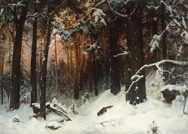 Verschneite Waldlandschaft Mit Schnurendem Fuchs Zur Abendzeit Oil Painting by Carl von Dombrowski