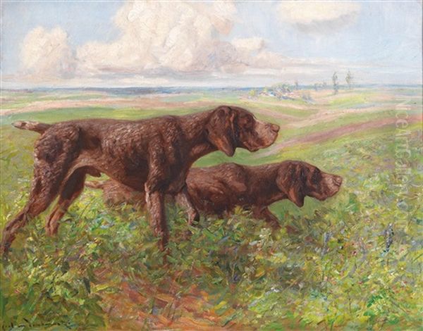 Pointers Oil Painting by Carl von Dombrowski