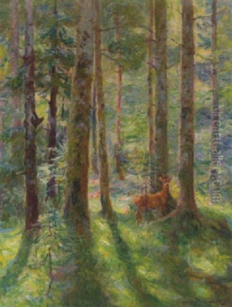 Rehbock Im Sonnendurchfluteten Wald Oil Painting by Carl von Dombrowski
