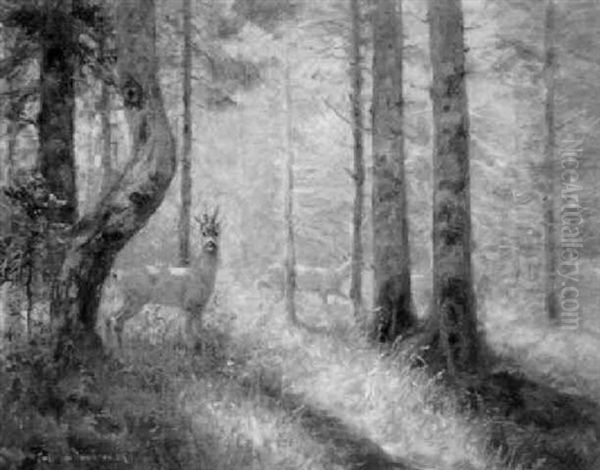 Rehbock Und Geis Auf Waldlichtung Oil Painting by Carl von Dombrowski