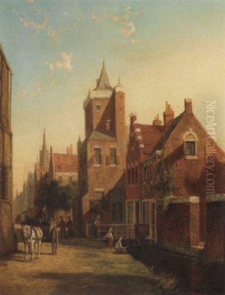 A Dutch Town Scene With A Figure And A Cart And Children Fishing From A Canal In The Foreground Oil Painting by William Raymond Dommersen