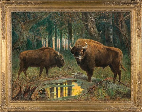 Bisons Oil Painting by Ermenegildo Carlo Giovanni Donadini