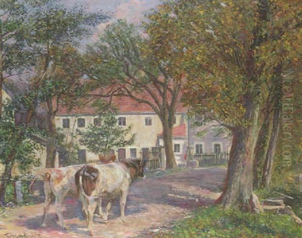 Kuhe Vor Einem Bauernhaus Oil Painting by Ermenegildo Carlo Giovanni Donadini