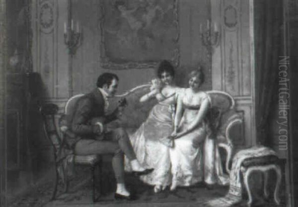Young Man Serenading Two Young Women In Ornate Interior Oil Painting by Frederick Reginald Donat