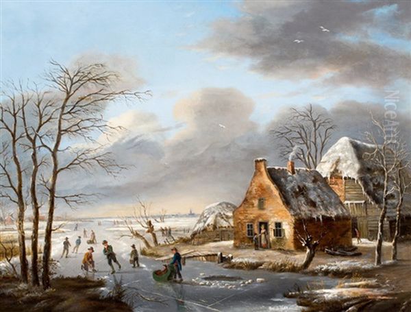 Winters Polderlandschap Met Schaatsenrijders Oil Painting by Hermanus Donselaer
