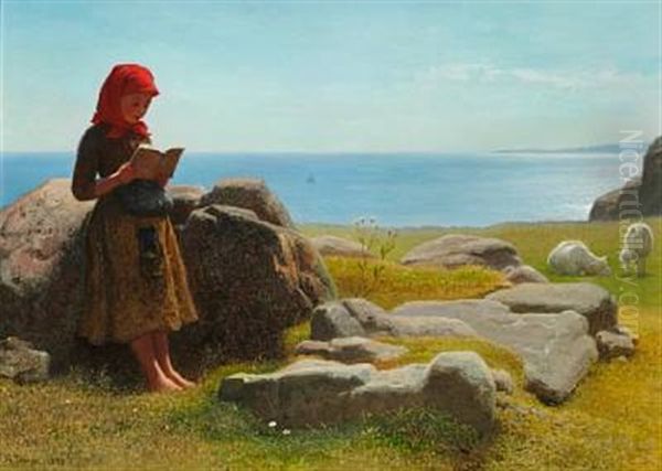 Coastal Scene With A Little Girl Reading, Presumably From Bornholm Oil Painting by Anton Laurids Johannes Dorph