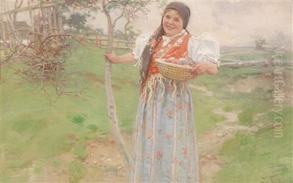 Eine Bauerin Mit Einem Korb Mit Ostereiern Oil Painting by Josef Douba