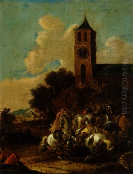 Kyradsklaedte Ryttersoldater I Kamp Foran En Landsbykirke Oil Painting by Simon Johannes van Douw