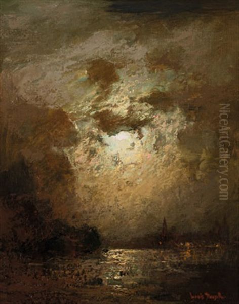 Hafeneinfahrt Bei Mondschein Oil Painting by Louis, Carl Ludwig Douzette