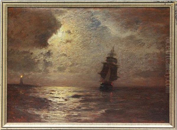 Kustenlandschaft Mit Segler Bei Mondschein Oil Painting by Louis Douzette