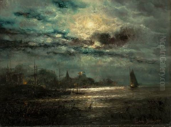 Mondnacht Am Barther Bodden Oil Painting by Louis, Carl Ludwig Douzette